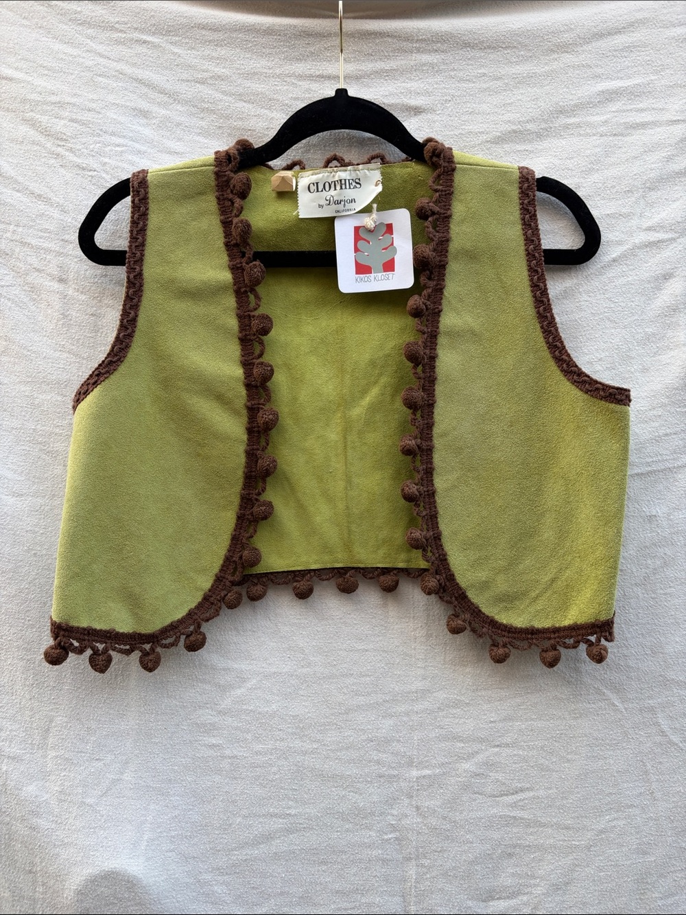Green Pom-Trim Suede Vest